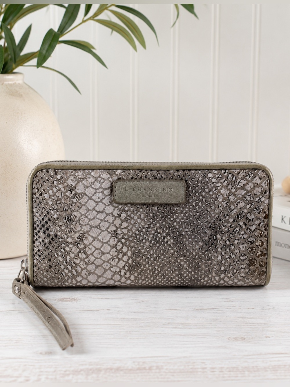 Liebeskind Berlin Snakeskin Embossed Leather Zip Around Wallet Gray Taupe
